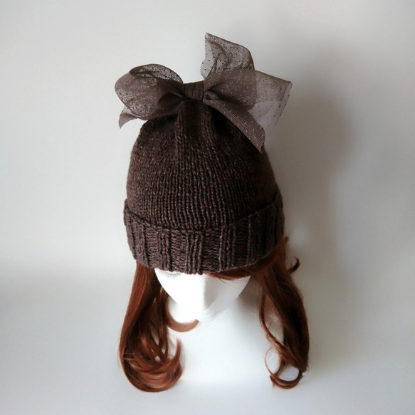 【訂做】薄紗絲帶針織帽（棕色） 第6張的照片