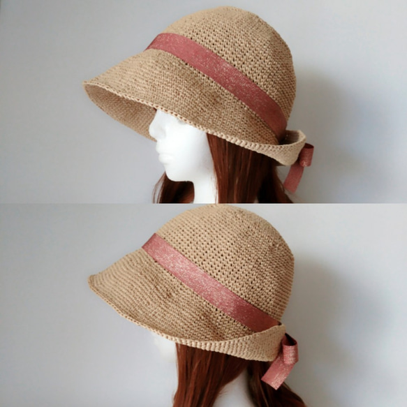 【定制】草帽（淺紅色），配有可互換的絲帶和繩索。 第6張的照片
