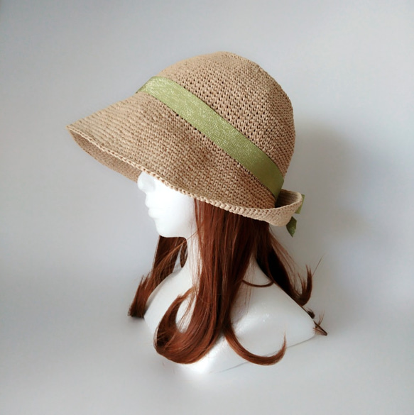 【受注制作】リボンとコードが付け替えられて、お好きなリボンに変えられる麦わら帽子（グリーン）        Ω 人気・おすすめ｜使いやすい・旅行におすすめ 品質保証 全国発送 在庫限り