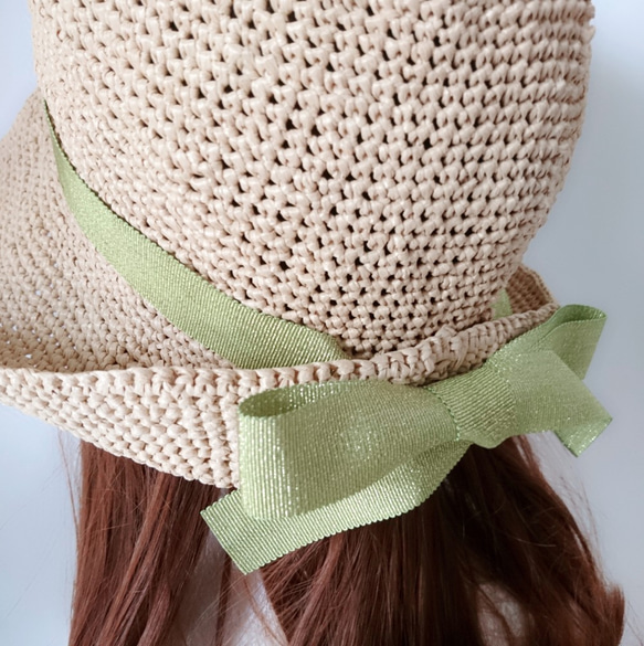 【受注制作】リボンとコードが付け替えられて、お好きなリボンに変えられる麦わら帽子（グリーン）        Ω 人気・おすすめ｜使いやすい・旅行におすすめ 品質保証 全国発送 在庫限り