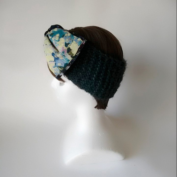 [定做]由提花織物和針織材料製成的髮帶（綠色黑色） 第5張的照片
