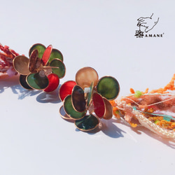 金魚花火 - 軍綠 (米 煙燻紅透明光澤樹脂毛線流蘇耳環) 第4張的照片