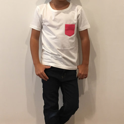 KIDS☆カラフルポケット付きオーガニックコットンTシャツ　【白×ピンク】 1枚目の画像