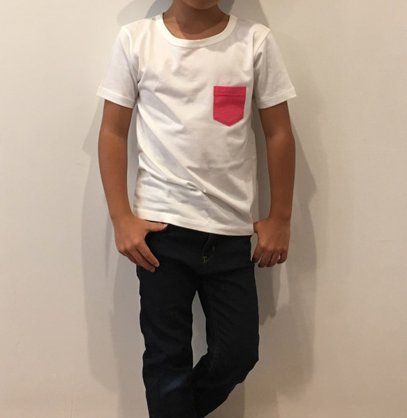 KIDS☆カラフルポケット付きオーガニックコットンTシャツ　【白×ピンク】 1枚目の画像