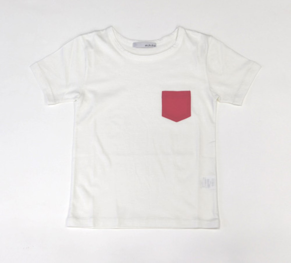 KIDS☆カラフルポケット付きオーガニックコットンTシャツ　【白×ピンク】 2枚目の画像