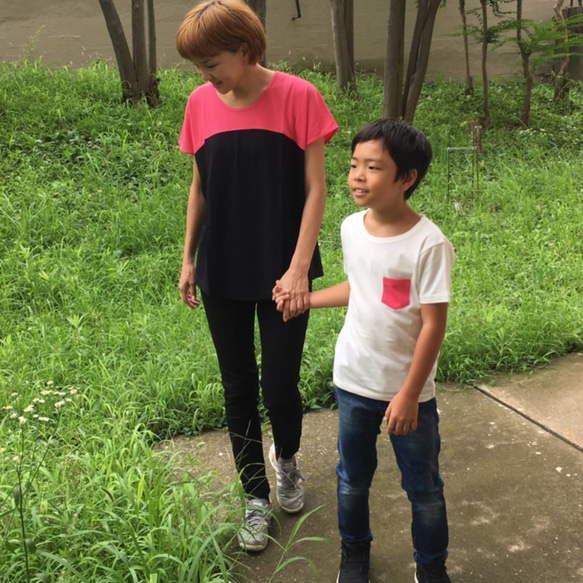 KIDS☆カラフルポケット付きオーガニックコットンTシャツ　【白×ピンク】 3枚目の画像