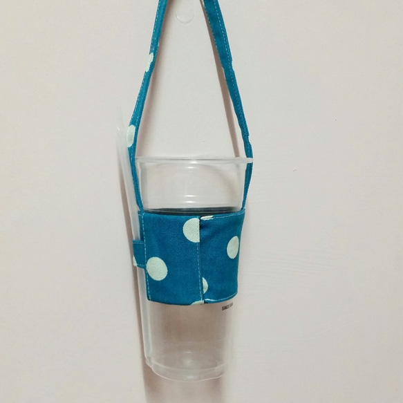 水玉點點環保飲料杯提袋(土耳其藍) 防潑水材質 可愛 簡單 可收納 輕巧 方便 好攜帶 第2張的照片