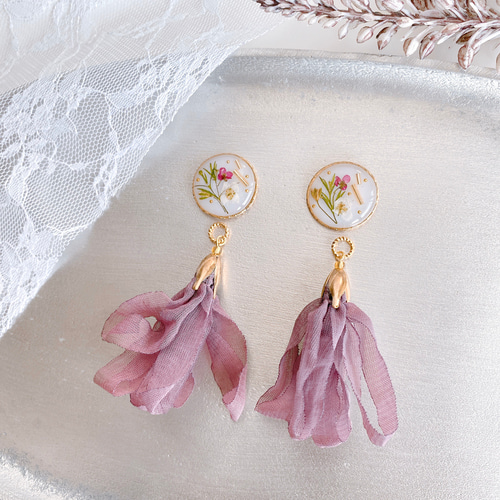 2wayくすみバイオレットボタニカル＆タッセル ◇ピアス/イヤリング 