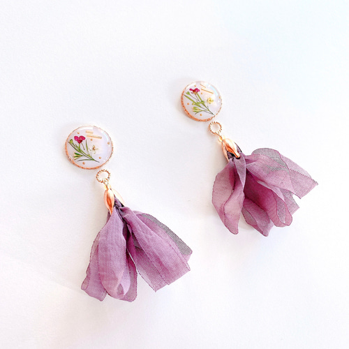2wayくすみバイオレットボタニカル＆タッセル ◇ピアス/イヤリング 