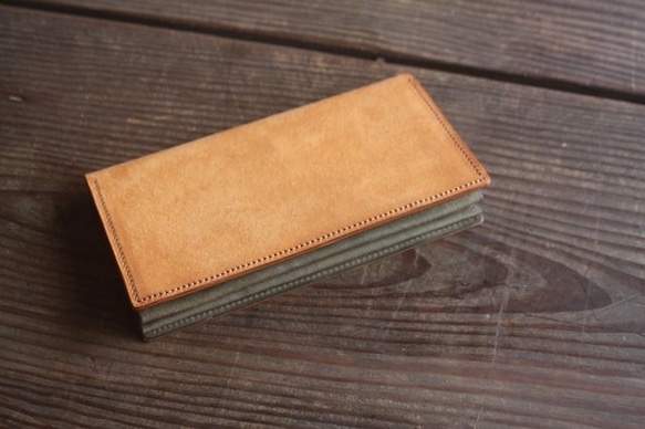 《受注製作》［proteus L] long wallet / 長財布（キナリ×モスグリーン） 5枚目の画像