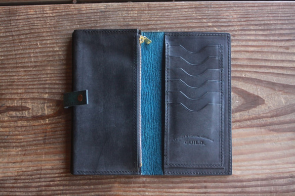 《受注製作》［proteus L] long wallet / 長財布（エメラルド×クロ） 2枚目の画像