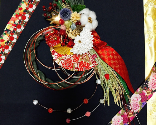 ハンドメイド　獅子舞 ちょこんと可愛い獅子舞付き✿しめ縄 つまみ細工 自然素材✿ しめ縄