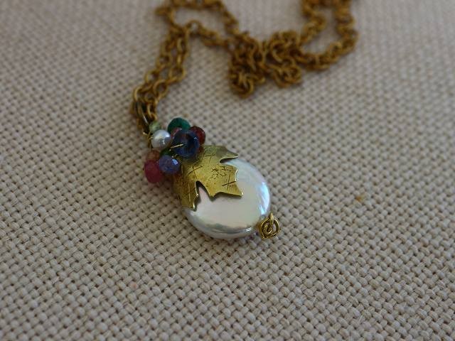 再販＊For your Christmas*淡水パール＊大粒＊葉＊ヴィンテージスタイル＊真鍮ネックレス*no.227