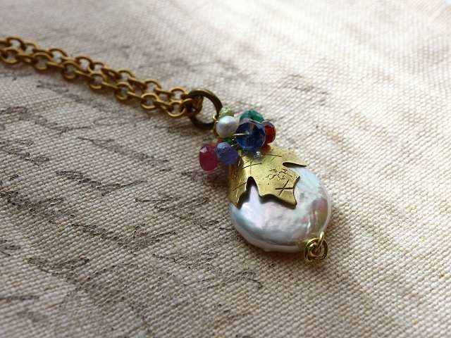 再販＊For your Christmas*淡水パール＊大粒＊葉＊ヴィンテージスタイル＊真鍮ネックレス*no.227