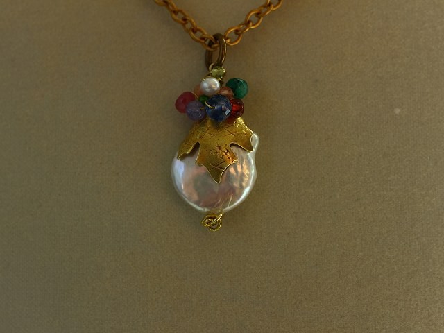 再販＊For your Christmas*淡水パール＊大粒＊葉＊ヴィンテージスタイル＊真鍮ネックレス*no.227