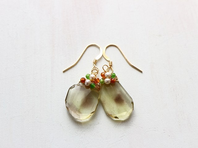 レモンクォーツ＆スモーキークォーツ＊大粒＊14Kgfピアス＊no.492