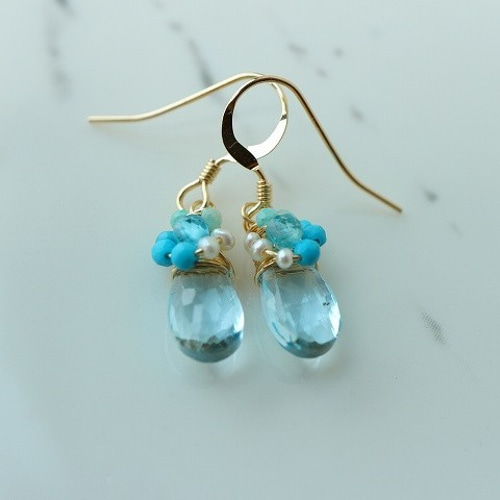 ブルートパーズのピアス 11月誕生石 ターコイズ 淡水パール［14kgf  