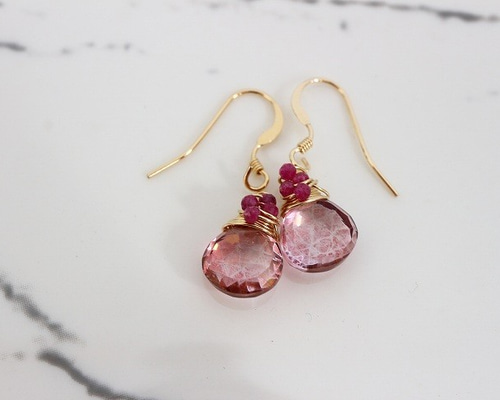 【税込】 桜＊ピンクミスティッククォーツ＊ルビー＊14kgfピアス＊no.400 ピアス