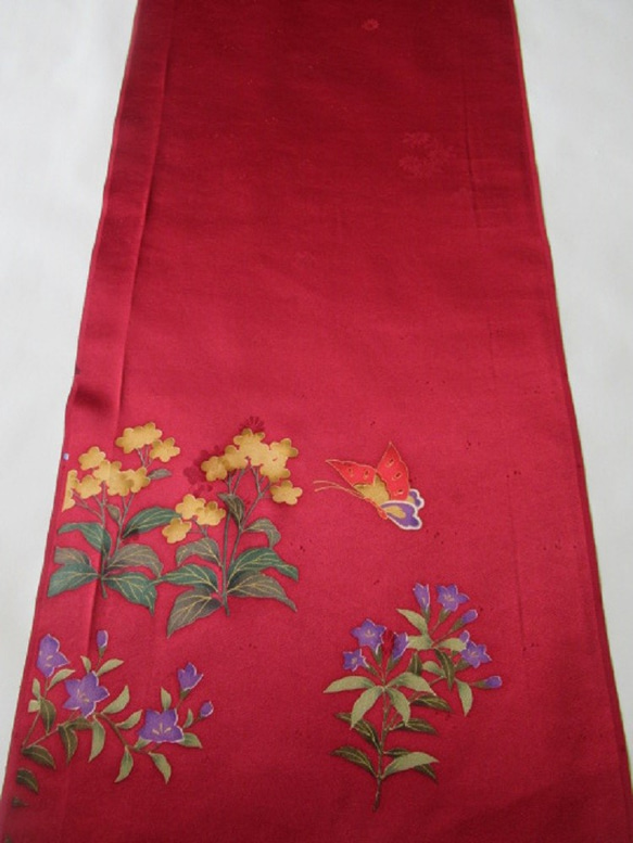 紅、金、蝴蝶和四季花卉圖案 純絲家徽設計 Dashiko Tango Chirimen No.125-10 右前身下擺 [100 第3張的照片