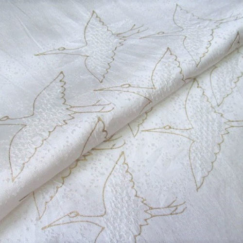 白練色 京友禅 金彩鶴模様 正絹紋意匠緞子 丹後ちりめん 長襦袢地 No