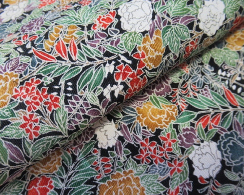 黒色 本加賀友禅 四季花模様 小紋 正絹 丹後ちりめん No.3【140cm×18cm