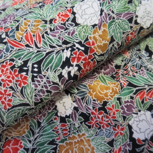 黒色 本加賀友禅 四季花模様 小紋 正絹 丹後ちりめん No.3【140cm×18cm