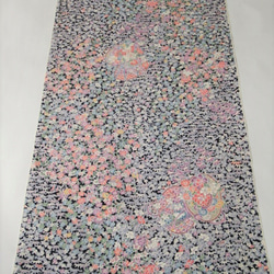 深藍色 Hon Kaga Yuzen 手鼓有四個季節花卉圖案 純絲探戈縐紗 No.23 [100cm x 36cm] 解開和服日 第3張的照片