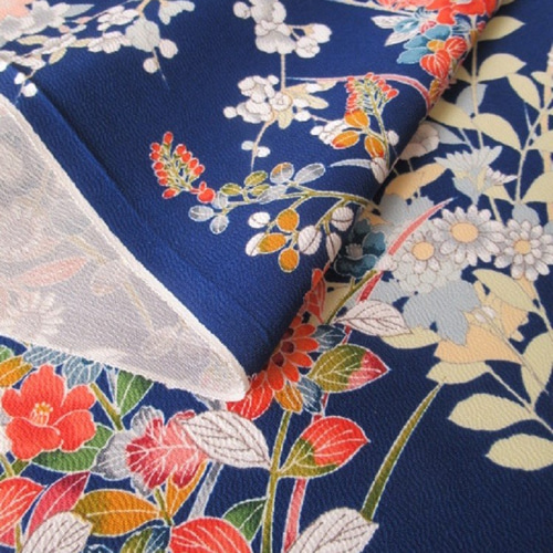 紺青色 本加賀友禅 草花模様 正絹 丹後ちりめん No.30【50cm×37cm