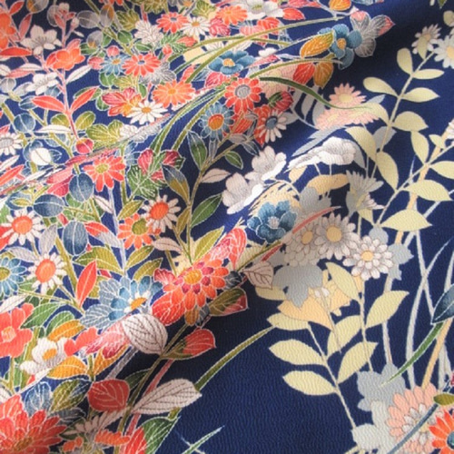 紺青色 本加賀友禅 草花模様 正絹 丹後ちりめん No.30【50cm×37cm