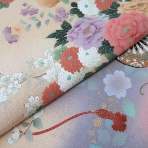 ベージュ色 箔置き 金彩花車模様 正絹 丹後ちりめん No.157-1 お袖部分