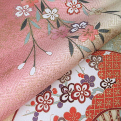 桃色ぼかし 京友禅 金彩桜に扇模様 正絹紋意匠 緞子 紗綾型に花 丹後