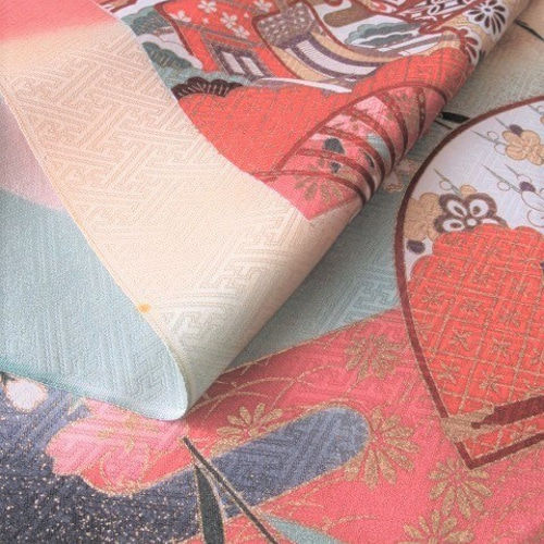 桃色ぼかし 京友禅 金彩桜に扇模様 正絹紋意匠 緞子 紗綾型に花