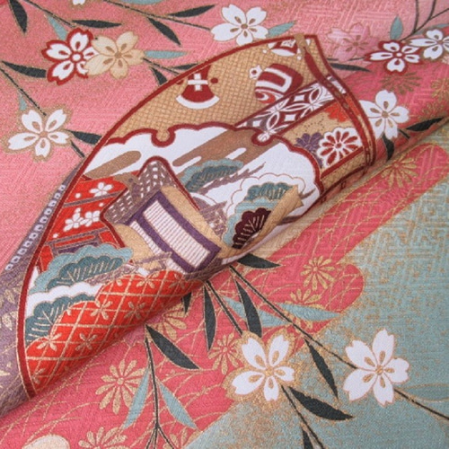 桃色ぼかし 京友禅 金彩桜模様 正絹紋意匠 緞子 紗綾型に花 丹後