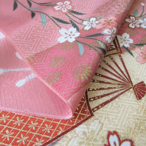 桃色ぼかし 京友禅 金彩桜模様 正絹紋意匠 緞子 紗綾型に花 丹後