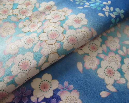 青色 京友禅 桜模様 正絹紋意匠 丹後ちりめん 左前身頃裾部分 No.75-7