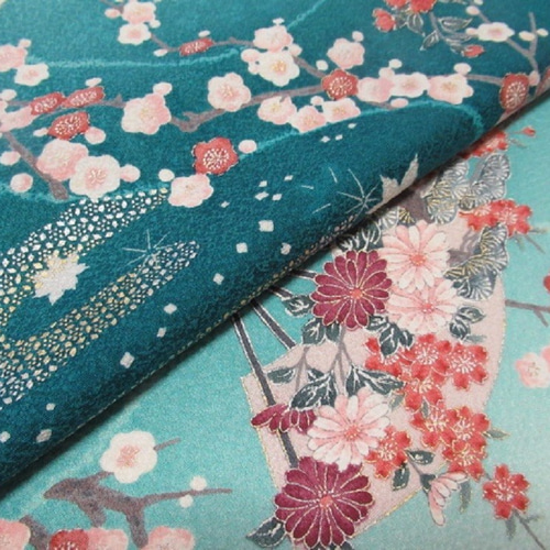 青緑色ぼかし 京友禅 金銀彩扇に梅模様 小紋 正絹 丹後ちりめん【50cm