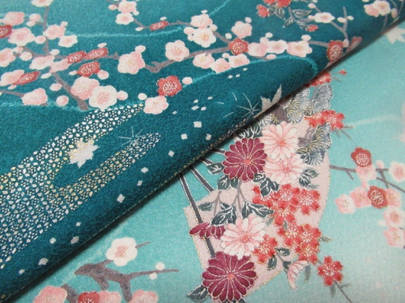 青緑色ぼかし 京友禅 金銀彩扇に梅模様 小紋 正絹 丹後ちりめん【50cm