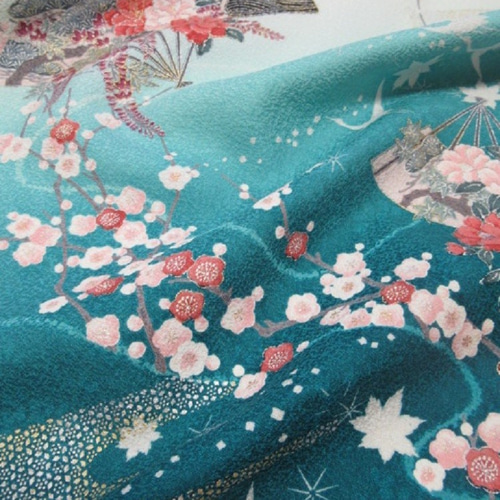 青緑色ぼかし 京友禅 金銀彩扇に梅模様 小紋 正絹 丹後ちりめん【50cm