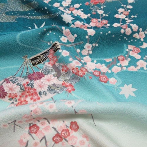 青緑色ぼかし 京友禅 金銀彩扇に梅模様 小紋 正絹 丹後ちりめん【50cm