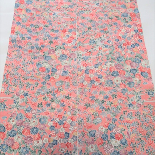激安通販特集！ 流水 付下げ MK-1456 四季の花模様 桃色 縮緬 着物・浴衣