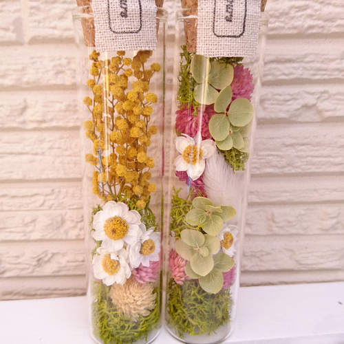 ふんわりピンク2本セット＊ガラスボトルフラワー ドライフラワー