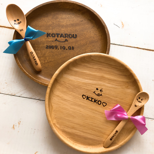 ちこ様ご確認ウッドバーニングハンドメイド名入れ丸皿スプーンセット