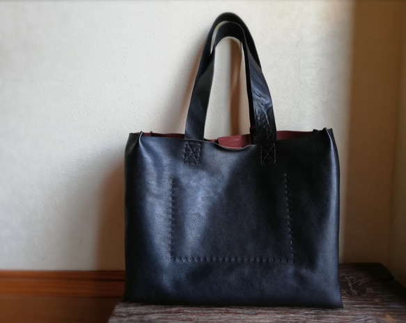 ざっくりtote　Ｌ　ブラウン✗ブラック　オイルシュリンクレザー 3枚目の画像