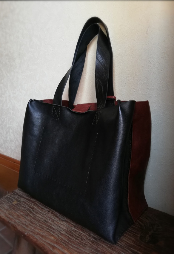 ざっくりtote　Ｌ　ブラウン✗ブラック　オイルシュリンクレザー 6枚目の画像