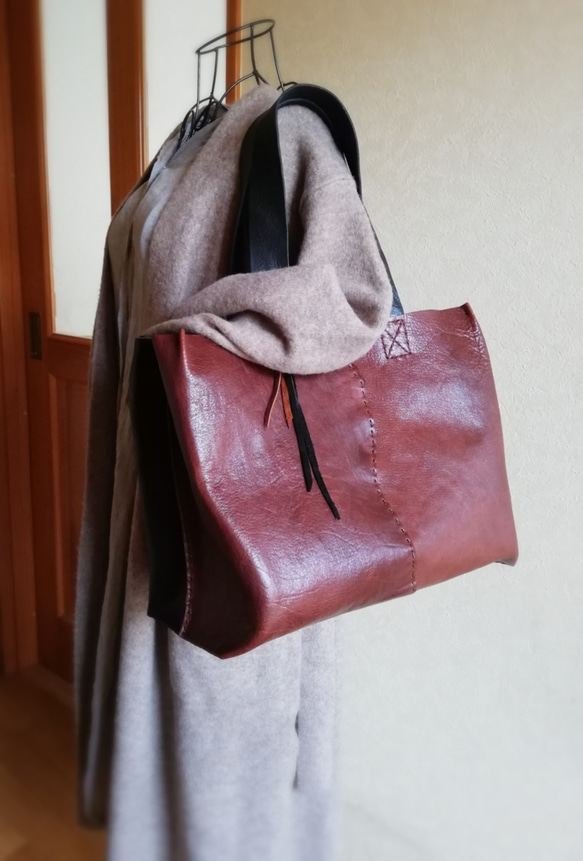 ざっくりtote　Ｌ　ブラウン✗ブラック　オイルシュリンクレザー 8枚目の画像