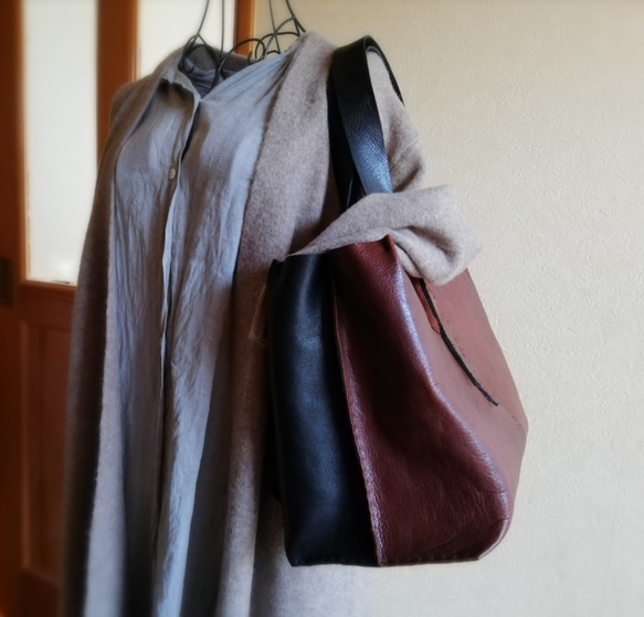 ざっくりtote　Ｌ　ブラウン✗ブラック　オイルシュリンクレザー 9枚目の画像