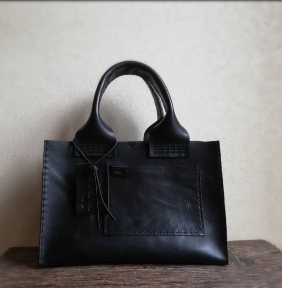 【受注制作】square tote Ｓ　ブラック　オイルワックスレザー 4枚目の画像