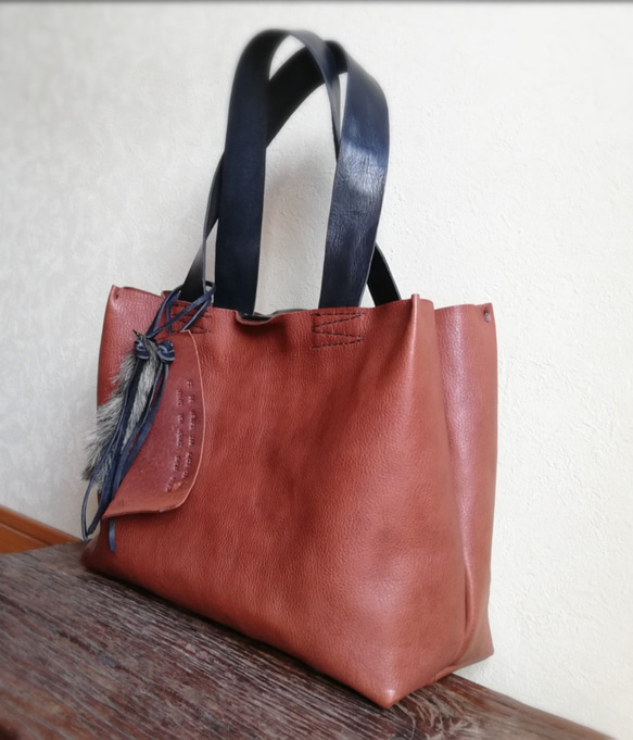 ざっくりtote　ブラウン✗ブラック　オイルシュリンクレザー 2枚目の画像