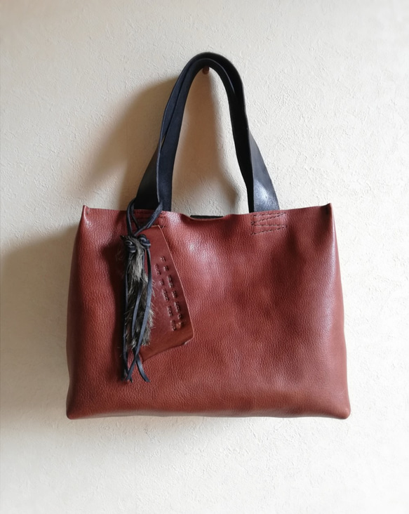 ざっくりtote　ブラウン✗ブラック　オイルシュリンクレザー 6枚目の画像