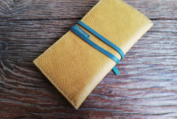 simple wallet　オイルシュリンク　マスタードイエロー✗ブルーグリーン 2枚目の画像